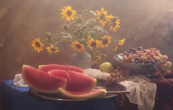 Картинка цветы, стол, арбуз, виноград, Натюрморт в розовом свете