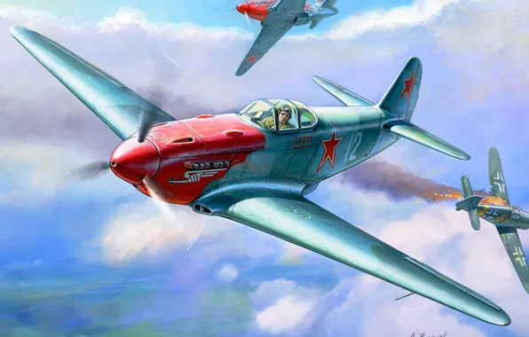 Самолет, рисунок, истребитель, СССР, вторая мировая, воздушный бой, Жирнов, ОКБ Яковлева