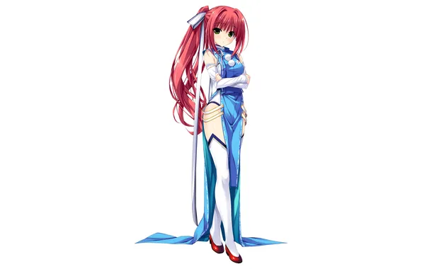 Girl, sexy, thighhighs, red hair, green eyes, long hair, dress, legs