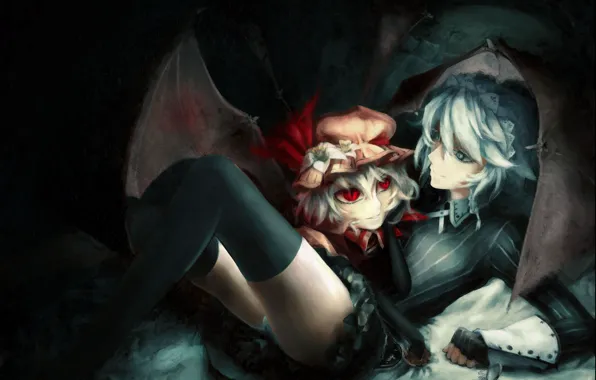 Взгляд, улыбка, девушки, часы, крылья, демон, объятья, touhou