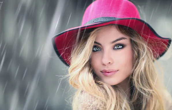 Картинка дождь, портрет, шляпа, блондинка, Alessandro Di Cicco