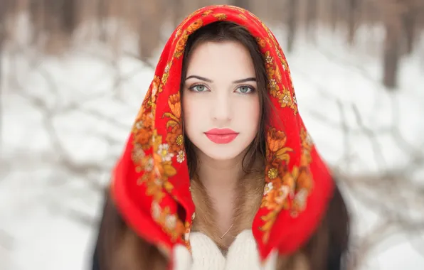 Картинка зима, взгляд, девушка, брюнетка, платок