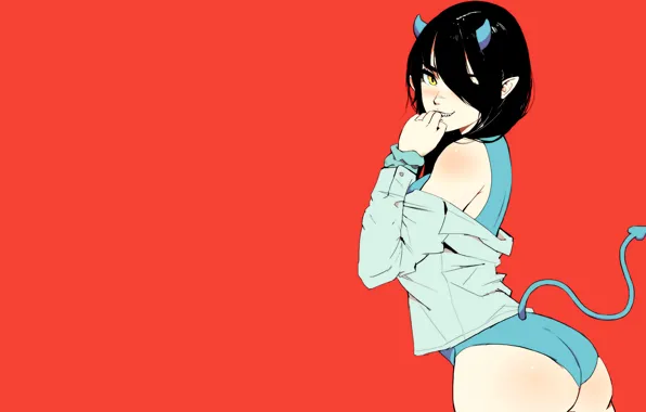 Картинка ass, horns, anime, anime girls, undressing, simple background, red background, looking at viewer