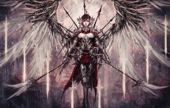 Девушка, оружие, фантастика, крылья, ангел, арт