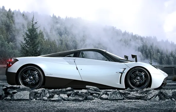 Картинка Pagani, White, Side, Road, Supercar, Huayra, Fog, Forest