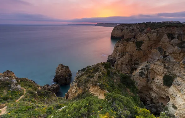 Картинка пейзаж, закат, природа, океан, скалы, побережье, Португалия, Ponta da Piedade