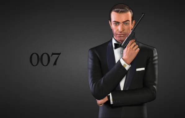 Обои пистолет, надпись, черный фон, Джеймс Бонд, Шон Коннери, Sean Connery, агент 007, James Bond, agent 007, костюм черный картинки на рабочий стол, раздел рендеринг - скачать