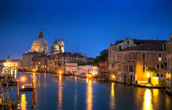 Здания, дома, вечер, освещение, Италия, Венеция, архитектура, Гранд-канал