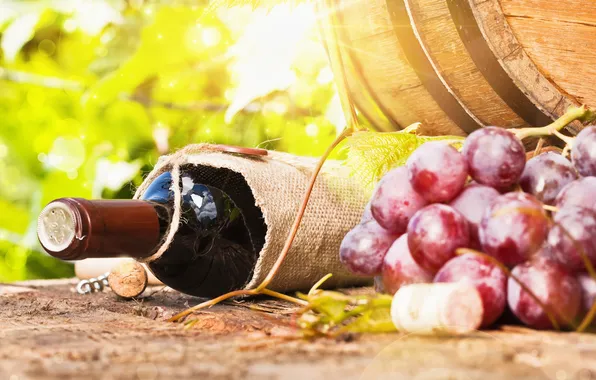 Вино, бокал, бутылка, виноград, бочка, wine, grapes, drink