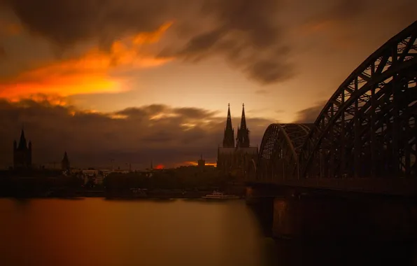 Небо, пейзаж, мост, река, вечер, Германия, собор, Кёльн