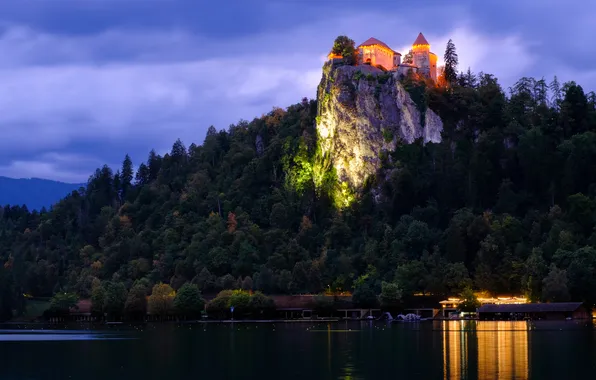 Деревья, огни, скала, озеро, вечер, Lake Bled, Slovenia