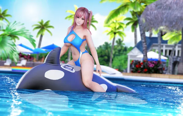 Girl, summer, sexy, pool, cleavage, pink hair, long hair, legs