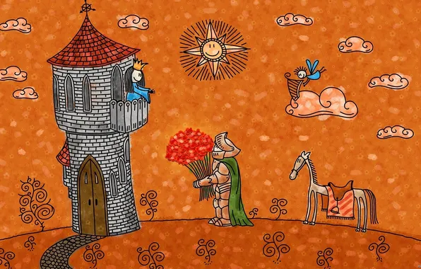 Картинка солнце, конь, башня, сказка, букет, принц, принцесса