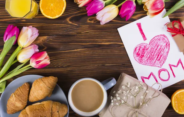 Картинка цветы, кофе, завтрак, colorful, тюльпаны, flowers, tulips, coffee cup