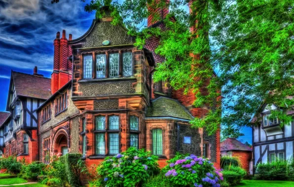 Цветы, Англия, HDR, особняк, England, Houses, Bebington