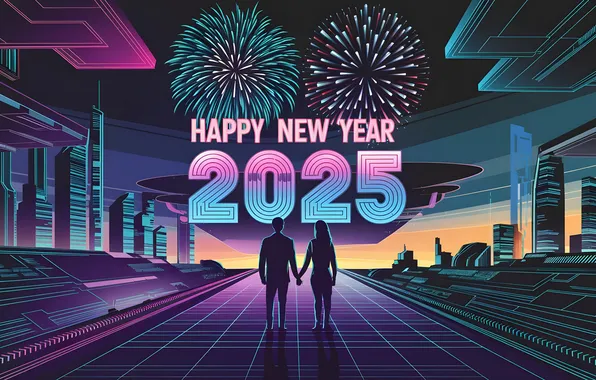 Картинка Новый год, Праздник, New Year, Couple, Cyberpunk, Celebrations, Dystopian, Neon city