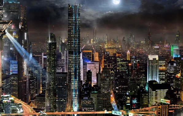 Реклама, панорама, ночной город, небоскрёбы, прожектора