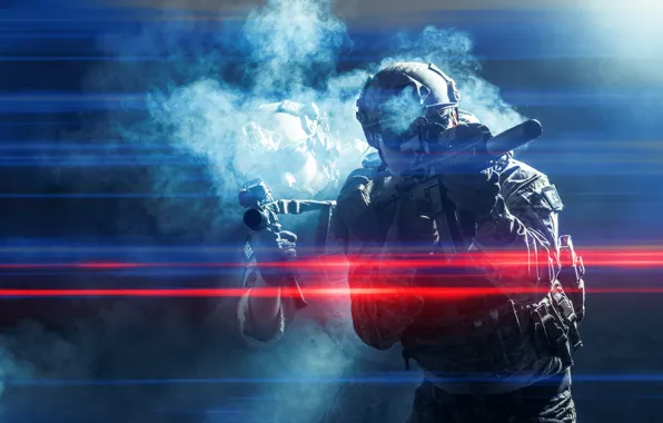 Soldiers, smoke, assault rifles, lights effect