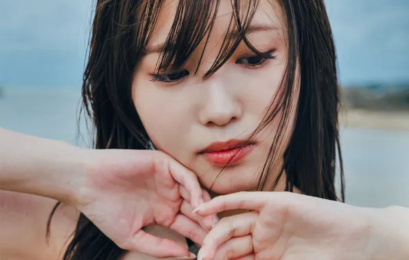 Waves, wet, beach, Asian, sea, woman, young, model