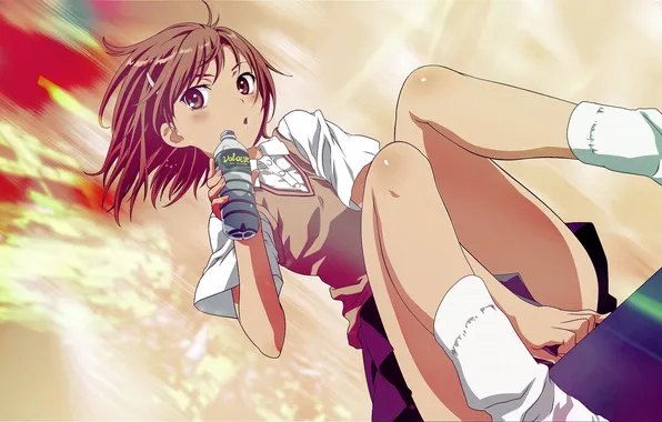 Вода, девушка, бутылка, misaka mikoto, to aru kagaku no railgun, сидя, to aru majutsu no …