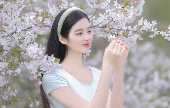 Beautiful, Asian, Model, Tree, Flowers, Smile, Woman, Hat
