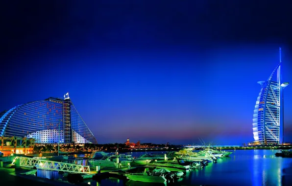 Dubai, twilight, evening, Burj Al Arab, boats, Jumeirah Beach Hotel