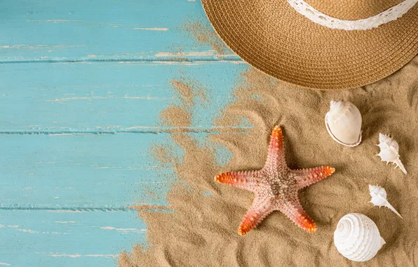 Песок, пляж, лето, отдых, звезда, шляпа, ракушки, summer