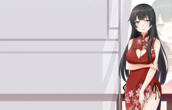 Girl, sexy, cleavage, long hair, dress, boobs, anime, blue eyes