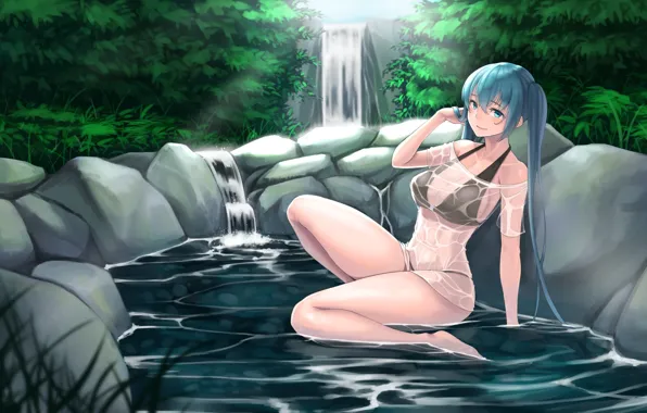 Девушка, Водопад, Озеро, Арт, Hatsune Miku, Vocaloid, Вокалоид, Хатсуне Мику