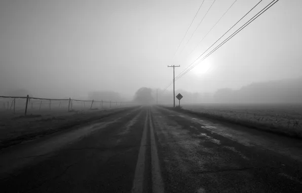 Картинка дорога, туман, серый, знак, столбы, провода, дымка
