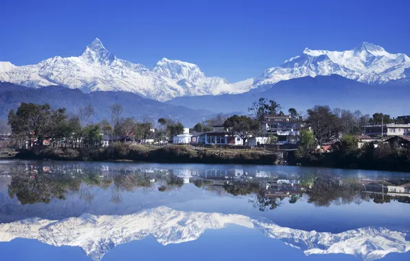 Картинка вода, горы, озеро, отражение, дома, Непал