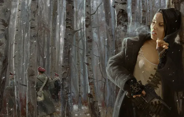Картинка лес, девушка, оружие, сигарета, солдаты, патроны, берёзы, Yuriy Mazurkin