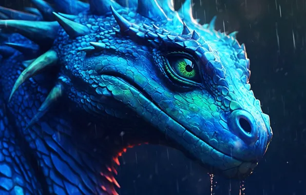 Картинка rain, blue, water, dragon, blue background, creature, AI art