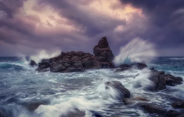 Картинка море, волны, камни, скалы, побережье, Испания, Costa Brava