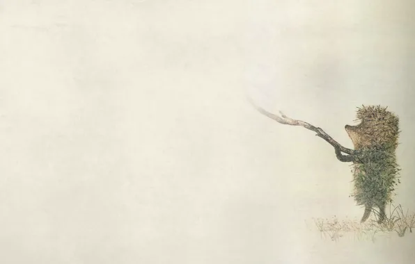 Туман, минимализм, травка, палка, темноватый, ежик в тумане