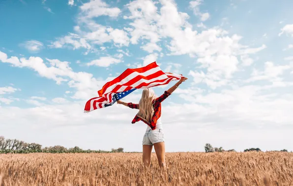 Woman, blonde, Independence Day, wheat, American flag, the best country in the world