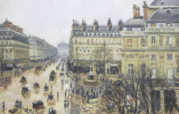 Картинка картина, городской пейзаж, Камиль Писсарро, Площадь Французского Театра. Дождь