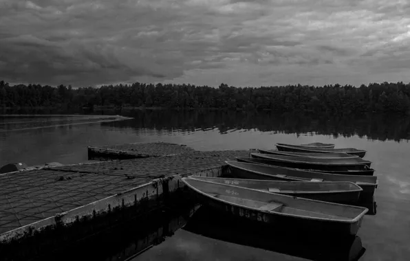 Природа, озеро, лодки, черно-белое, B&amp;W