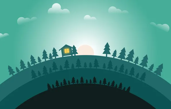Солнце, Минимализм, Лес, Дом, Рассвет, Landscape, Ёлки, Concept Art