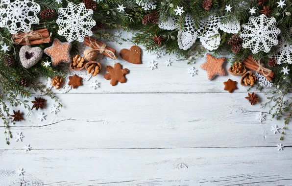 Картинка украшения, снежинки, елка, Новый Год, печенье, Рождество, сердечки, Christmas