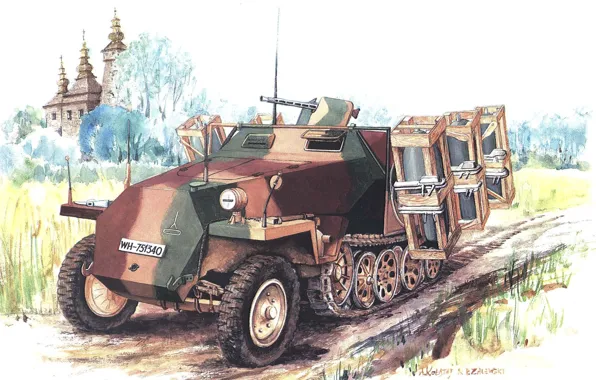 Картинка рисунок, Вторая мировая война, средний, бронетранспортёр, Wurfrahmen 40, германский, полугусеничный, калибра 280 и 320 мм
