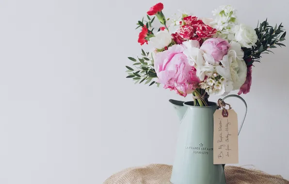 Цветы, букет, чайник, ваза, старый