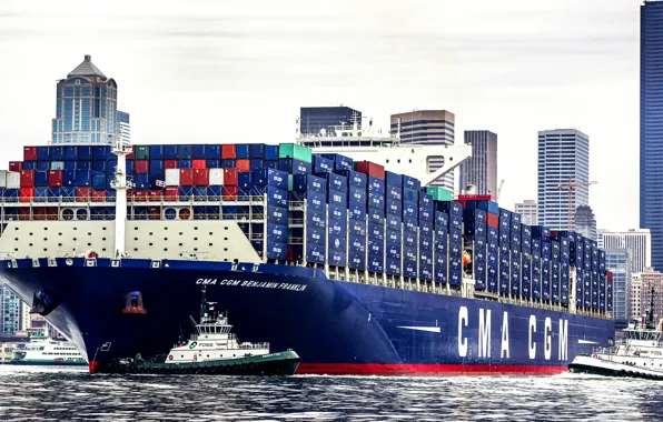 Город, Судно, Benjamin Franklin, Контейнеровоз, Seattle, Буксиры, CMA CGM, Vessel