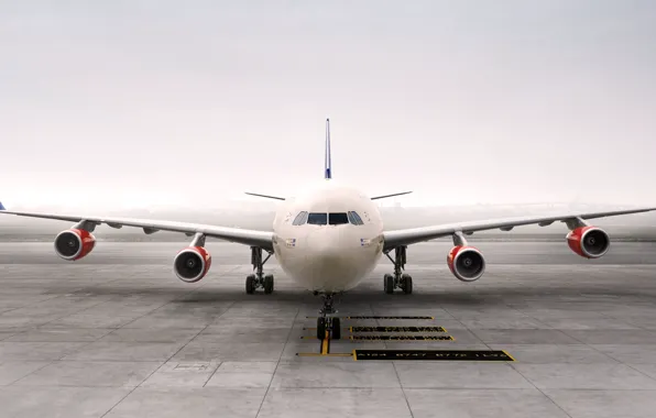 Картинка Туман, Самолет, Крылья, Авиация, Пассажирский, Airbus, Передок, Авиалайнер