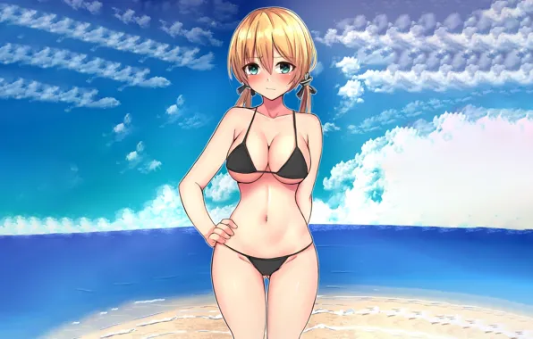 Girl, sexy, beach, long hair, sea, boobs, anime, beautiful