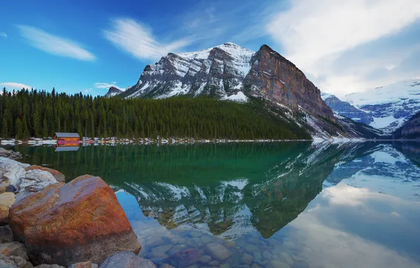 Лес, горы, озеро, отражение, камни, Канада, Альберта, Banff National Park