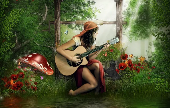 Кот, гитара, Девушка, брюнетка, мухоморы, речка