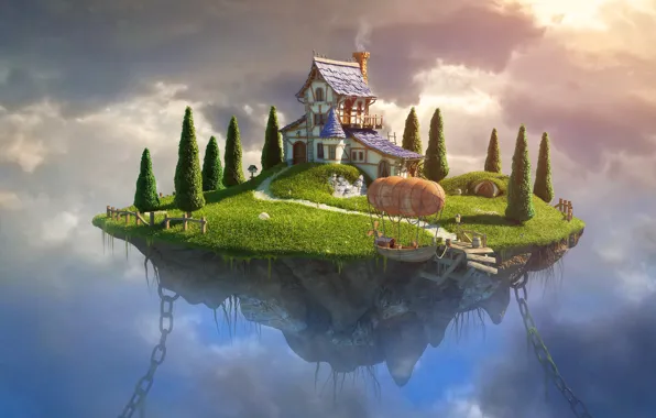 Картинка небо, трава, облака, деревья, пейзаж, дом, лодка, графика