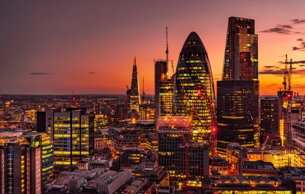 Картинка закат, Англия, Лондон, здания, панорама, ночной город, небоскрёбы, London