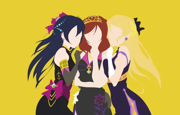 Девушки, минимализм, жёлтый фон, Love Live! School Idol Project, Живая любовь